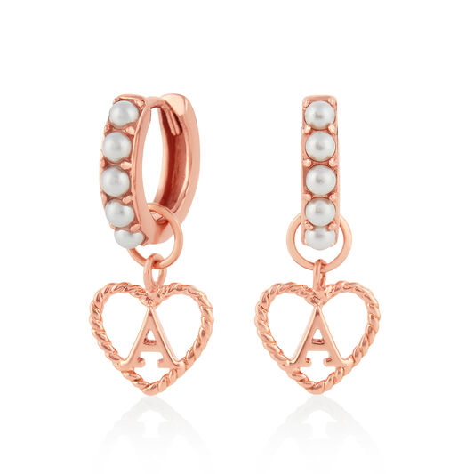 Faux Pearl Heart Initial Huggie Hoop Rose Gold