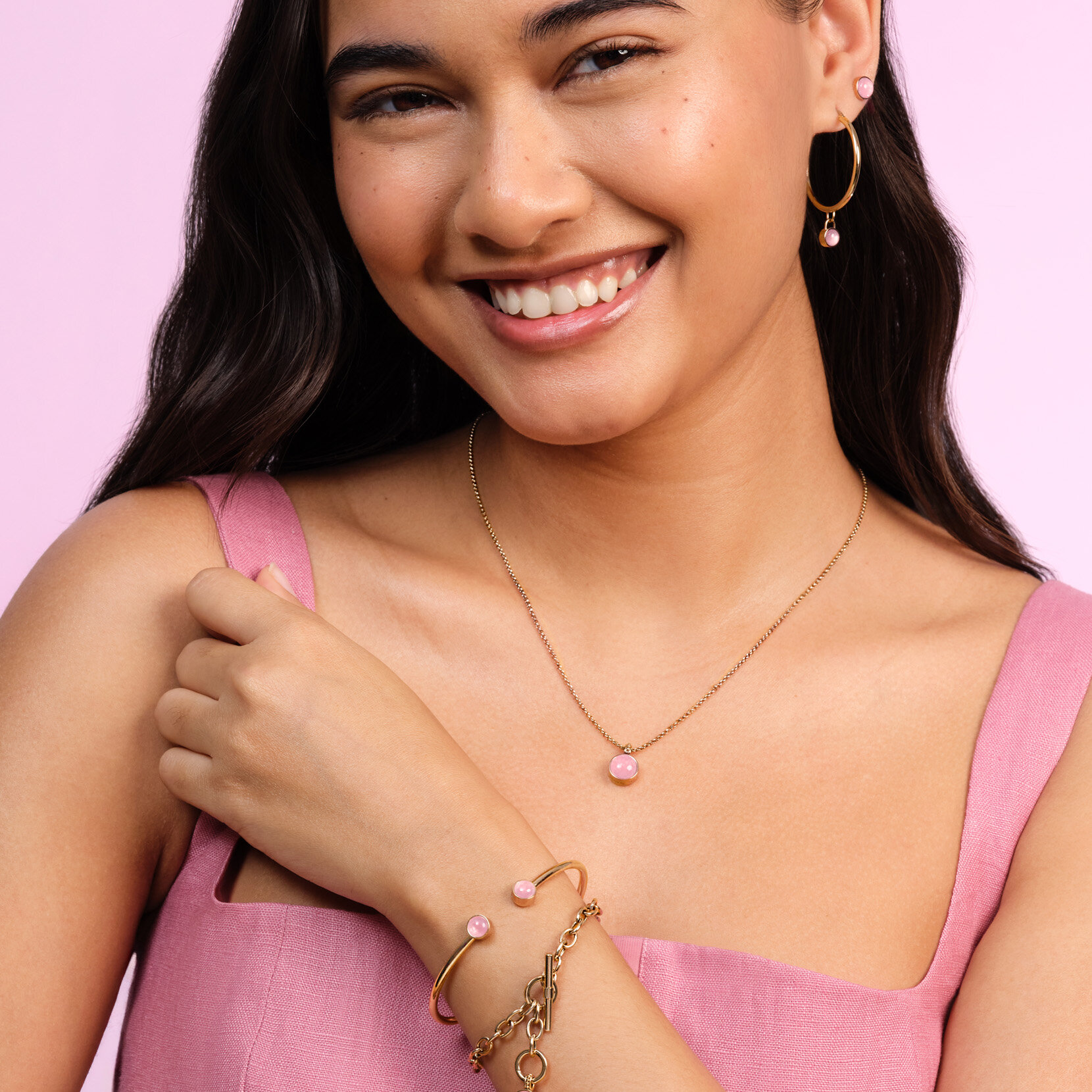 Rose Quartz Cabochon Rose Gold Plated Gemstone Necklace