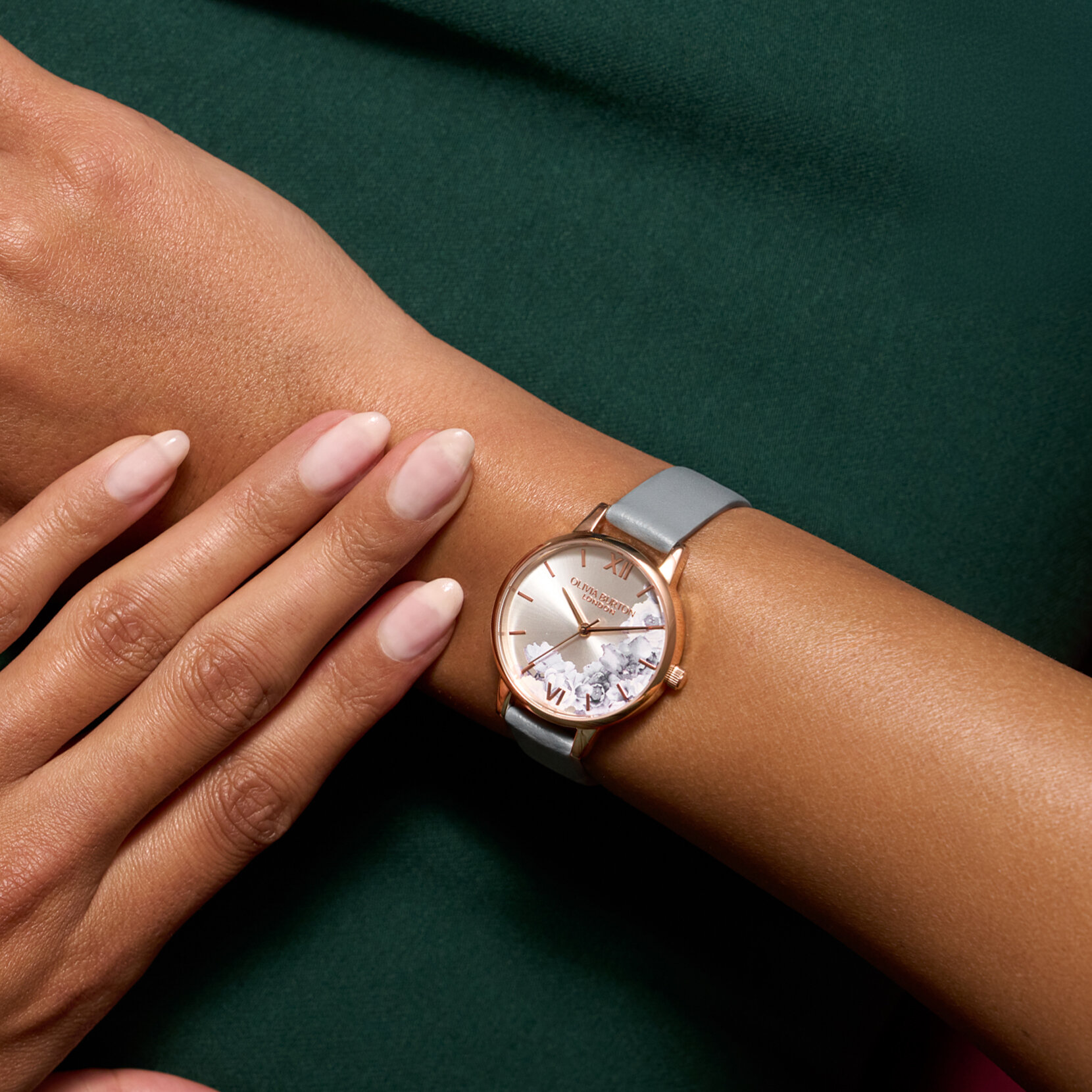30mm Illustrated Florals Rose Gold & Chalk Blue Leather Strap Watch