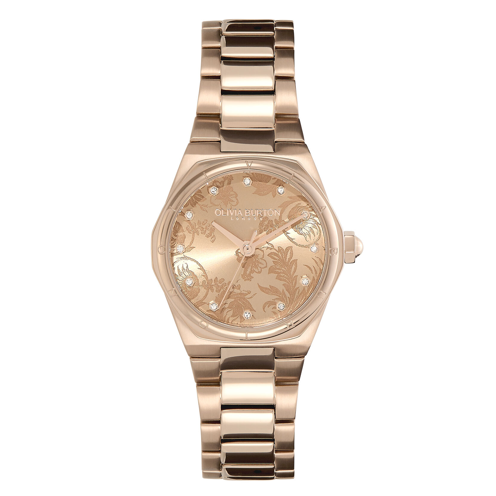 Stainless steel watch with carnation gold dial and crystal markers outlet