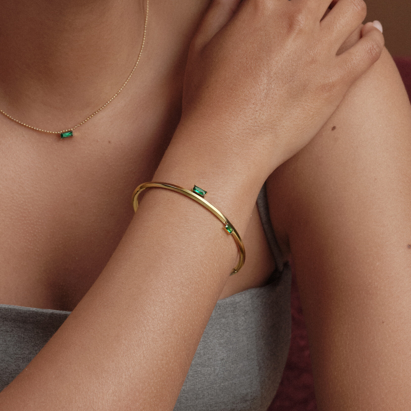 Green Baguette Crystal Gold Plated Bangle