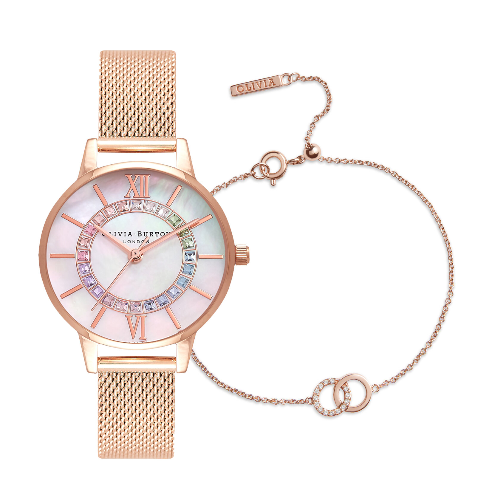 30mm Rainbow & Rose Gold Mesh Watch & Bejewelled Bracelet Gift Set