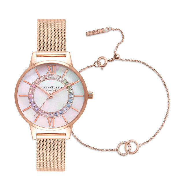 30mm Rainbow & Rose Gold Mesh Watch & Bejewelled Bracelet Gift Set
