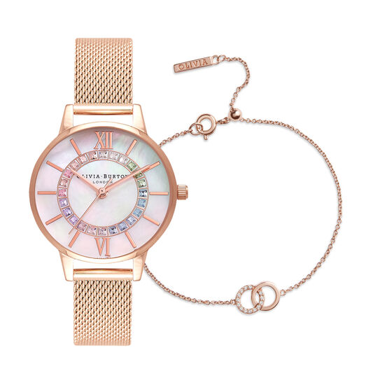 30mm Rainbow & Rose Gold Mesh Watch & Bejeweled Bracelet Gift Set