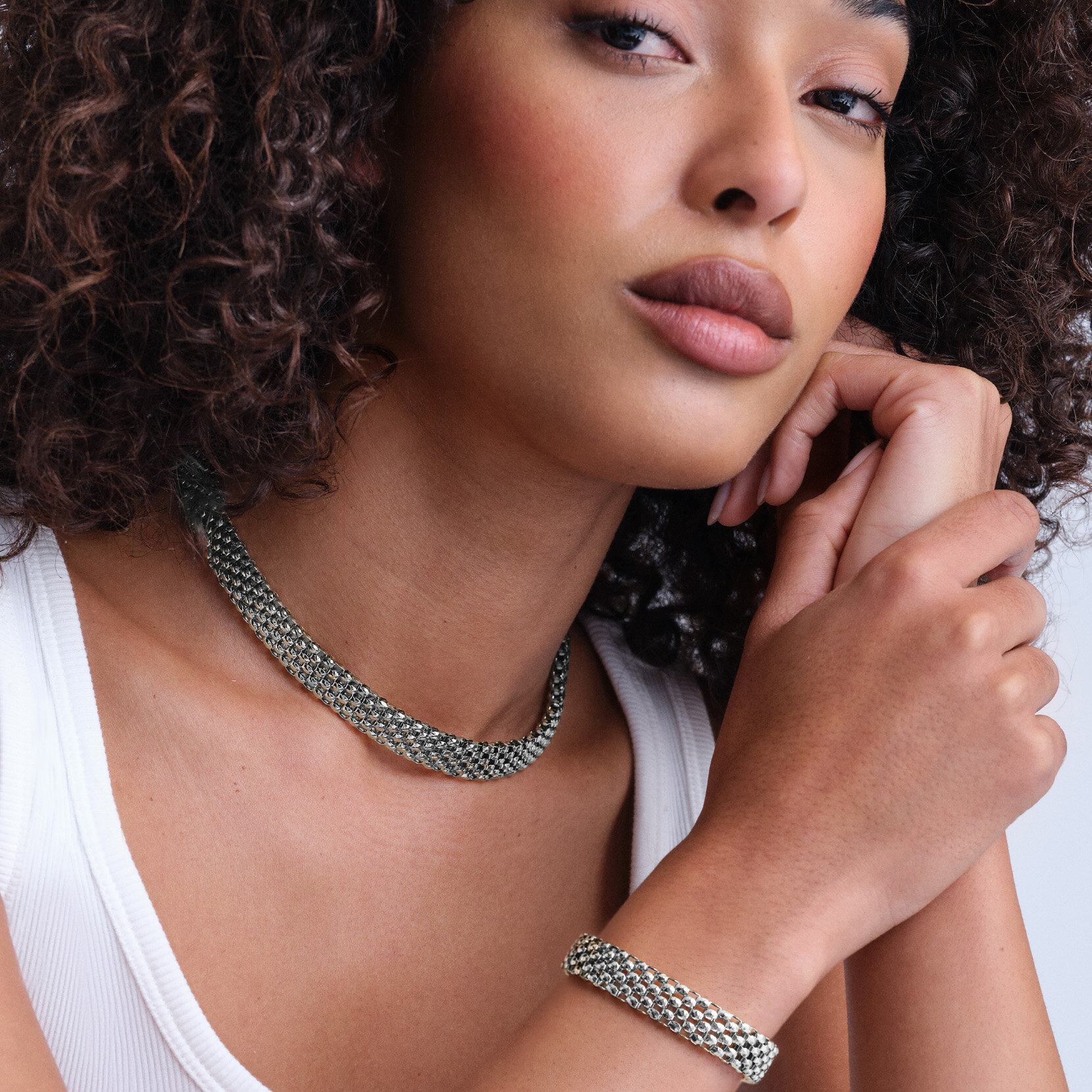 Chequerboard Link Silver Tone Necklace