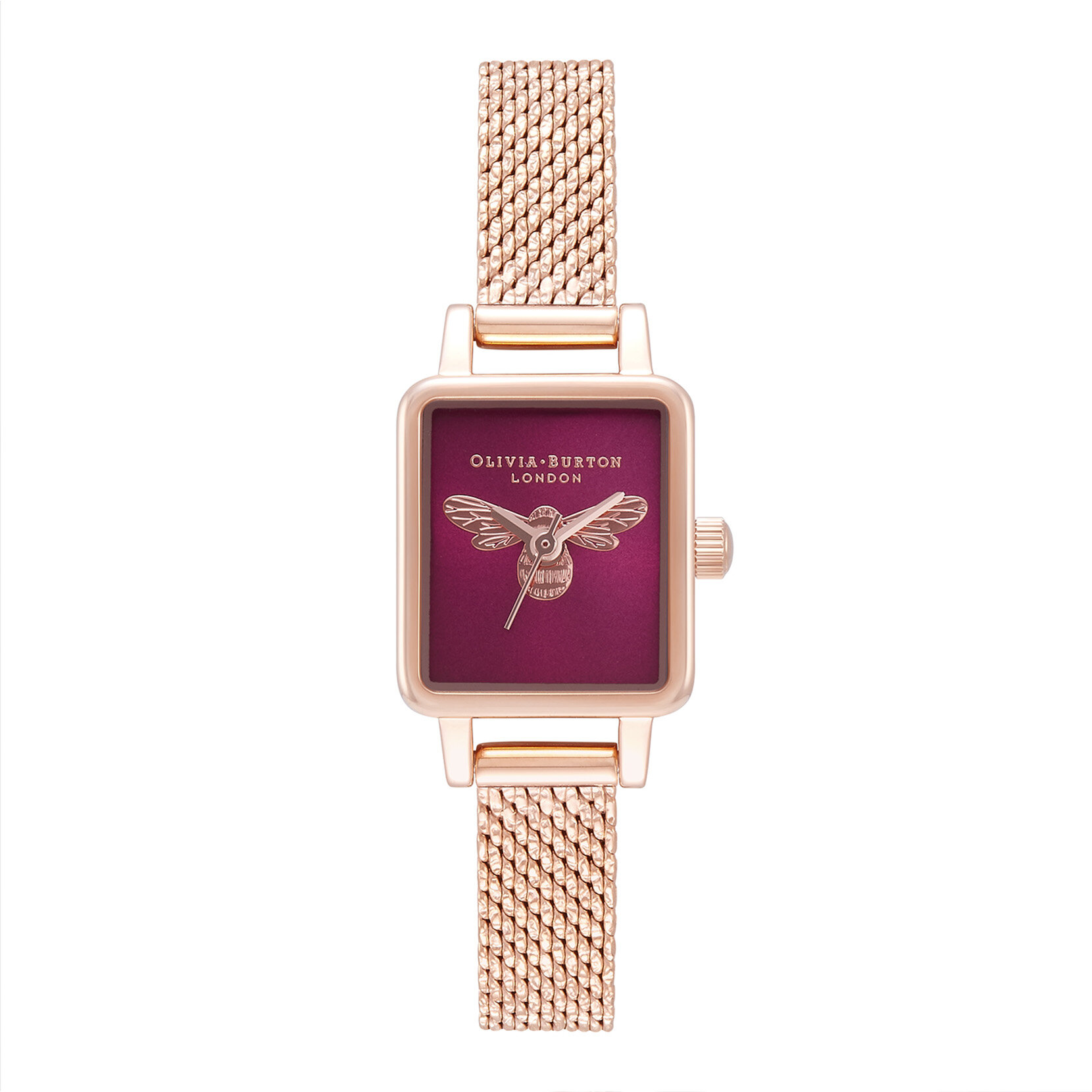Montre Lucky Bee à mini cadran rectangulaire baie et bracelet milanais or rose