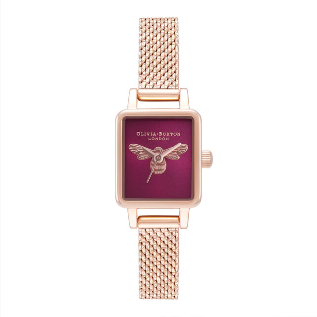 Rectangular Burgundy & Rose Gold Mesh Watch