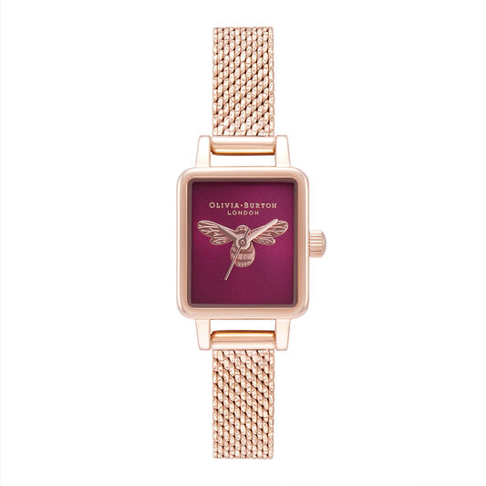 Lucky Bee Mini Rectangle Berry & Rose Gold Mesh Watch