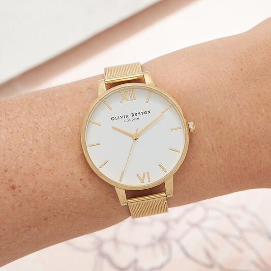 Ladies White Dial Gold Mesh Watch Olivia Burton London