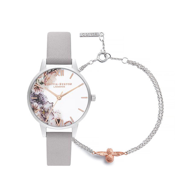 Watercolour Florals Demi Dial Rose Gold & Silver Watch and 3D Bee Silver & Rose Gold Bracelet Gift Set
