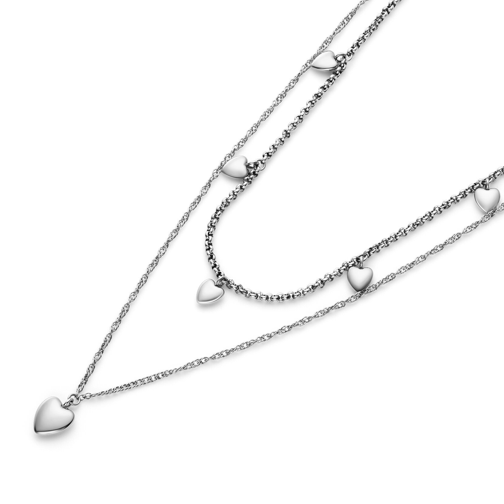 Mini Heart Silver Tone Double Chain Necklace