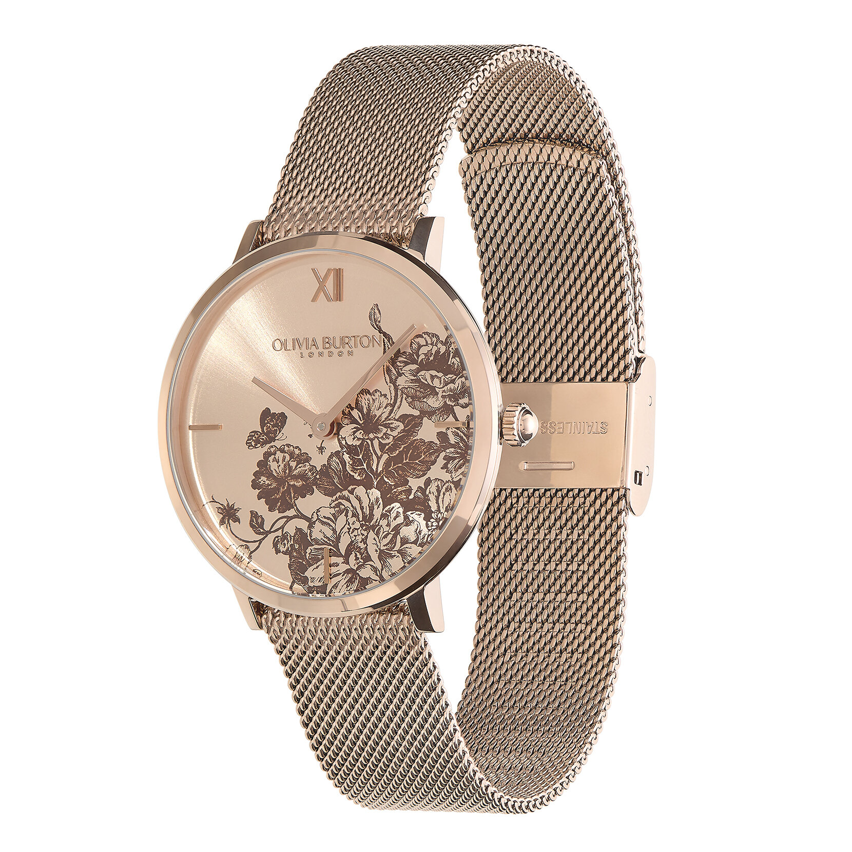 Montre Floral Blooms ultra fine avec bracelet en Rose pastel et Or rose milanais 35 mm
