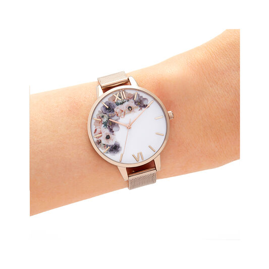 Watercolour Florals Rose Gold Mesh Watch
