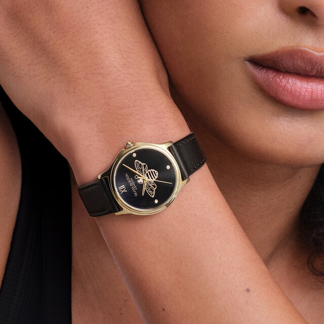 Montre &agrave; bracelet en cuir Classic Bee 30 mm en or et noir