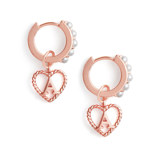 Faux Pearl Heart Initial Huggie Hoop Rose Gold
