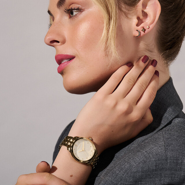 36mm Starlight Gold Bracelet Watch & North Star & Moon Gold Earrings
