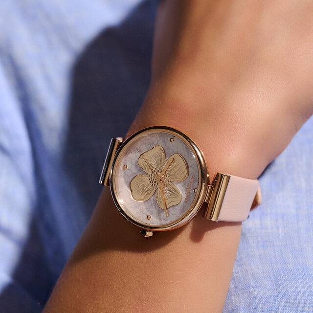 Montre Fleur de cornouiller avec fermoir en T et bracelet en cuir Or rose et Rose pastel 36 mm