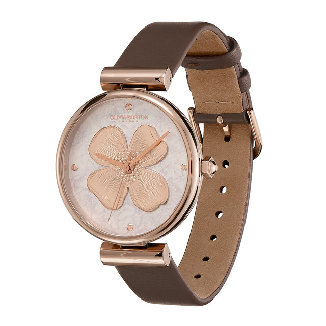 Montre Fleur de cornouiller avec fermoir en T et bracelet en cuir Or rose et Champignon 36 mm