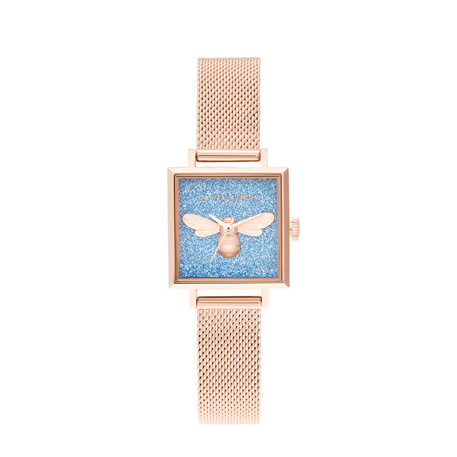 Charme abeille au motif pailleté turquoise carré Midi Cadran or rose mailles
