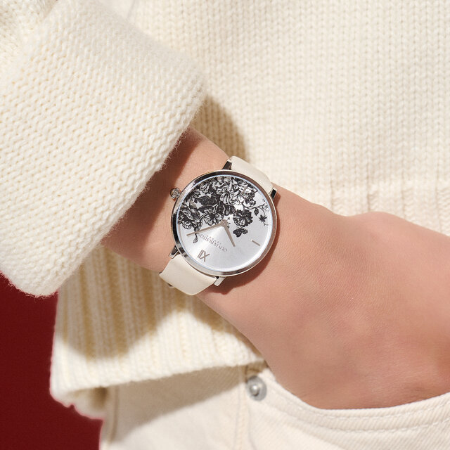35mm Floral Blooms Ultra Slim Silver & Antique Pearl Leather Strap Watch