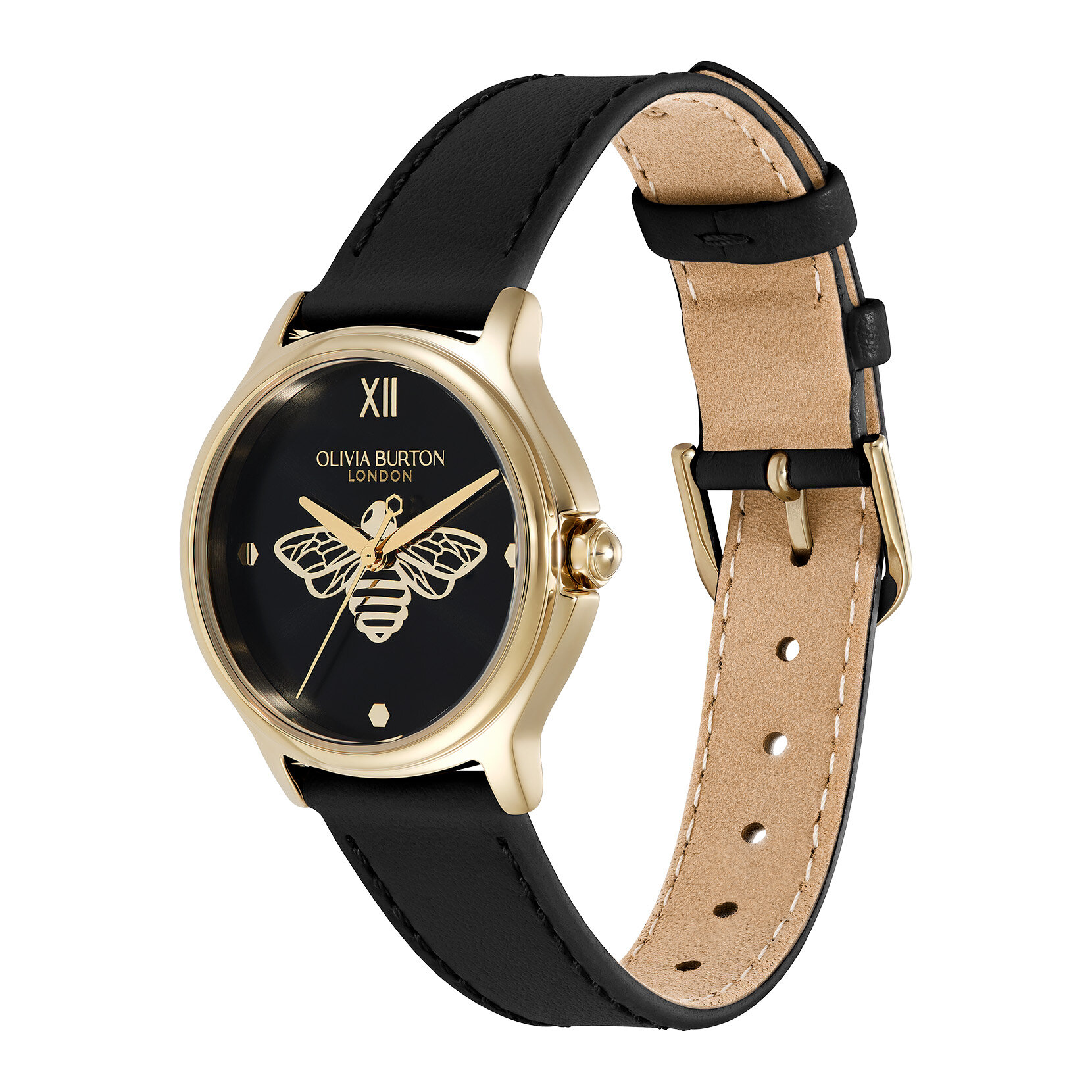 30mm Classic Bee Gold & Black Leather Strap Watch