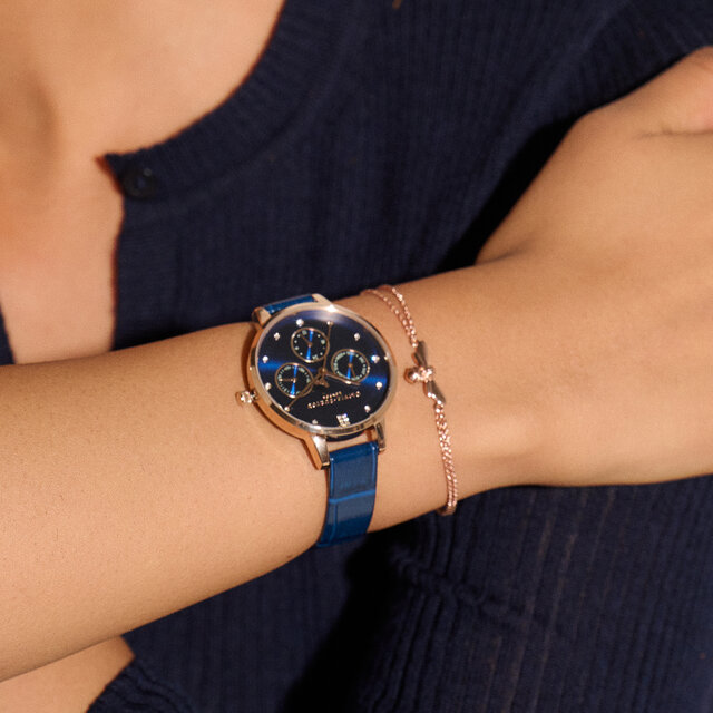 34mm Carnation Gold & Blue Leather Strap Watch & Lucky Bee Bee Bracelet