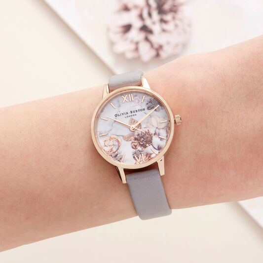 Marble Florals 30mm Rose Gold & Grey Leather Strap Watch