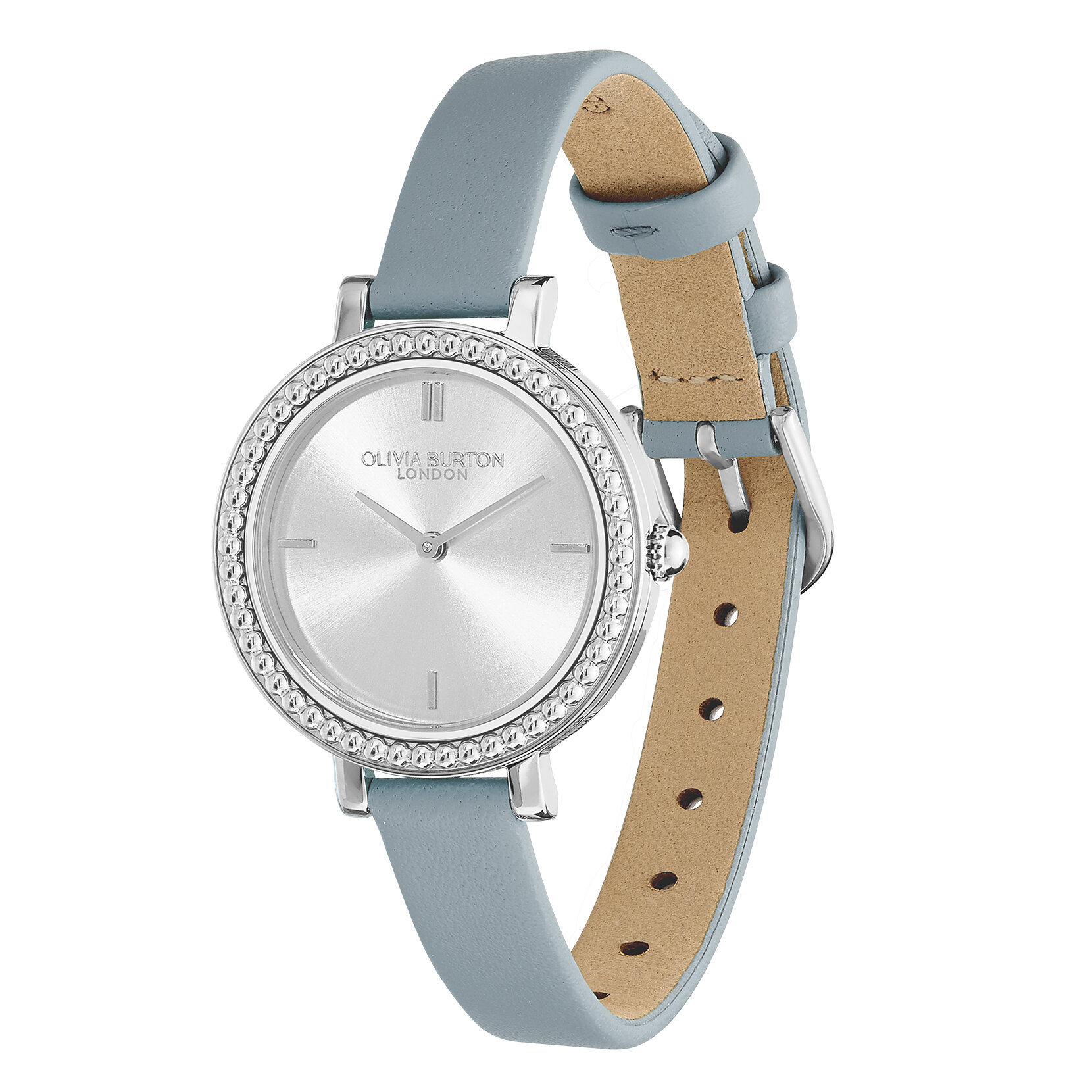 30mm Vintage Bead Silver & Chalk Blue Leather Strap Watch