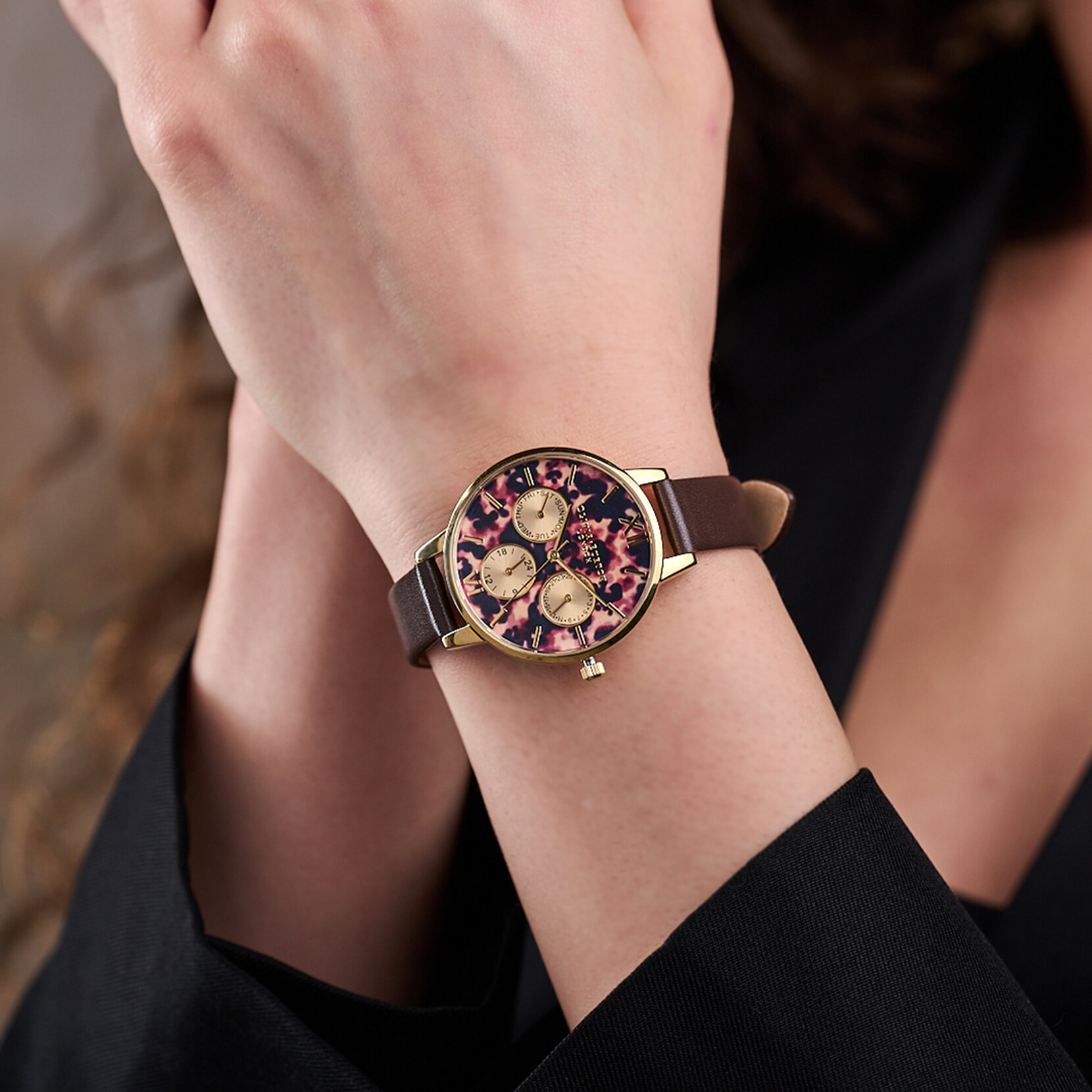 Montre Tortoiseshell Multi Function à cadran Demi brun foncé et or