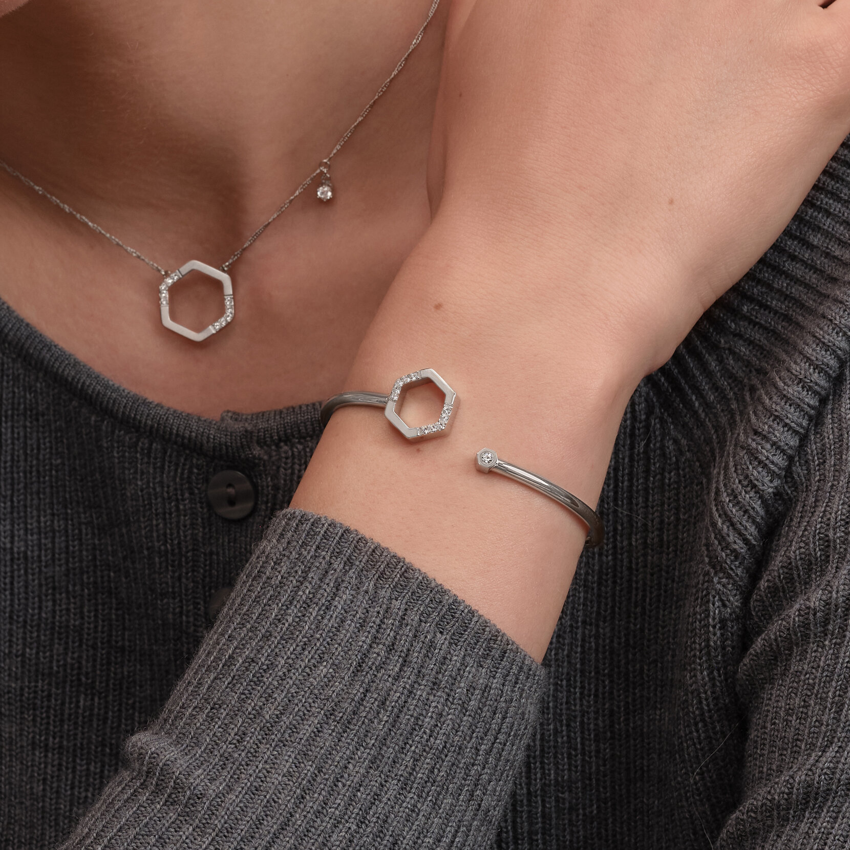 Bracelet Jonc Crystal Honeycomb Argent