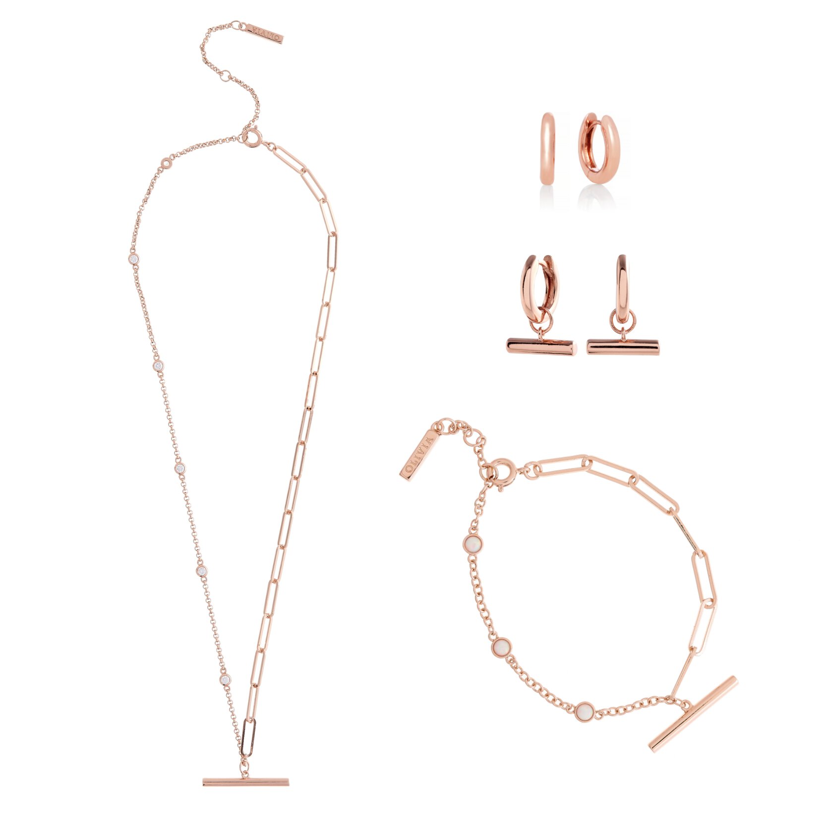 Classic Mismatch T-bar Rose Gold Bracelet, Necklace & Huggies Bundle