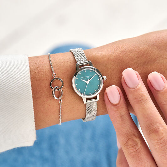 Montre Classic à mini cadran bleu sarcelle et bracelet milanais argent