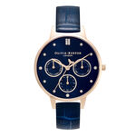 Montre Multifunction or blanc à bracelet cuir bleu foncé 34 mm