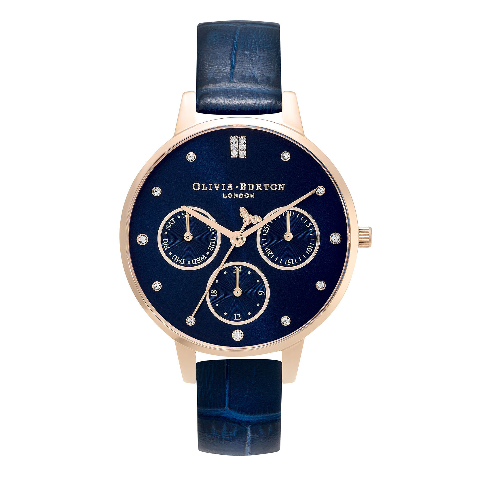 34mm Carnation Gold & Dark Blue Leather Strap Watch