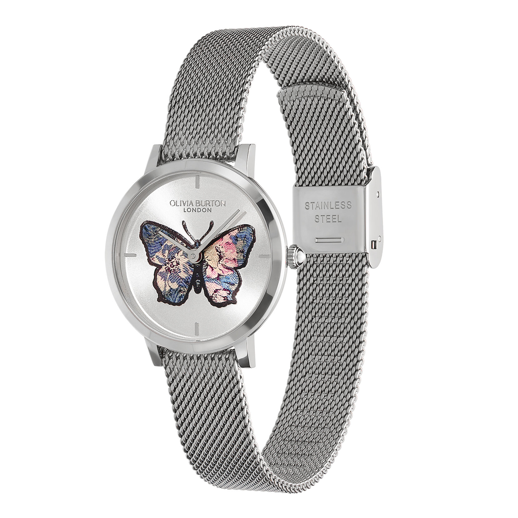 Montre Papillon Ultra Fine avec Bracelet en Maille Argent 28 mm