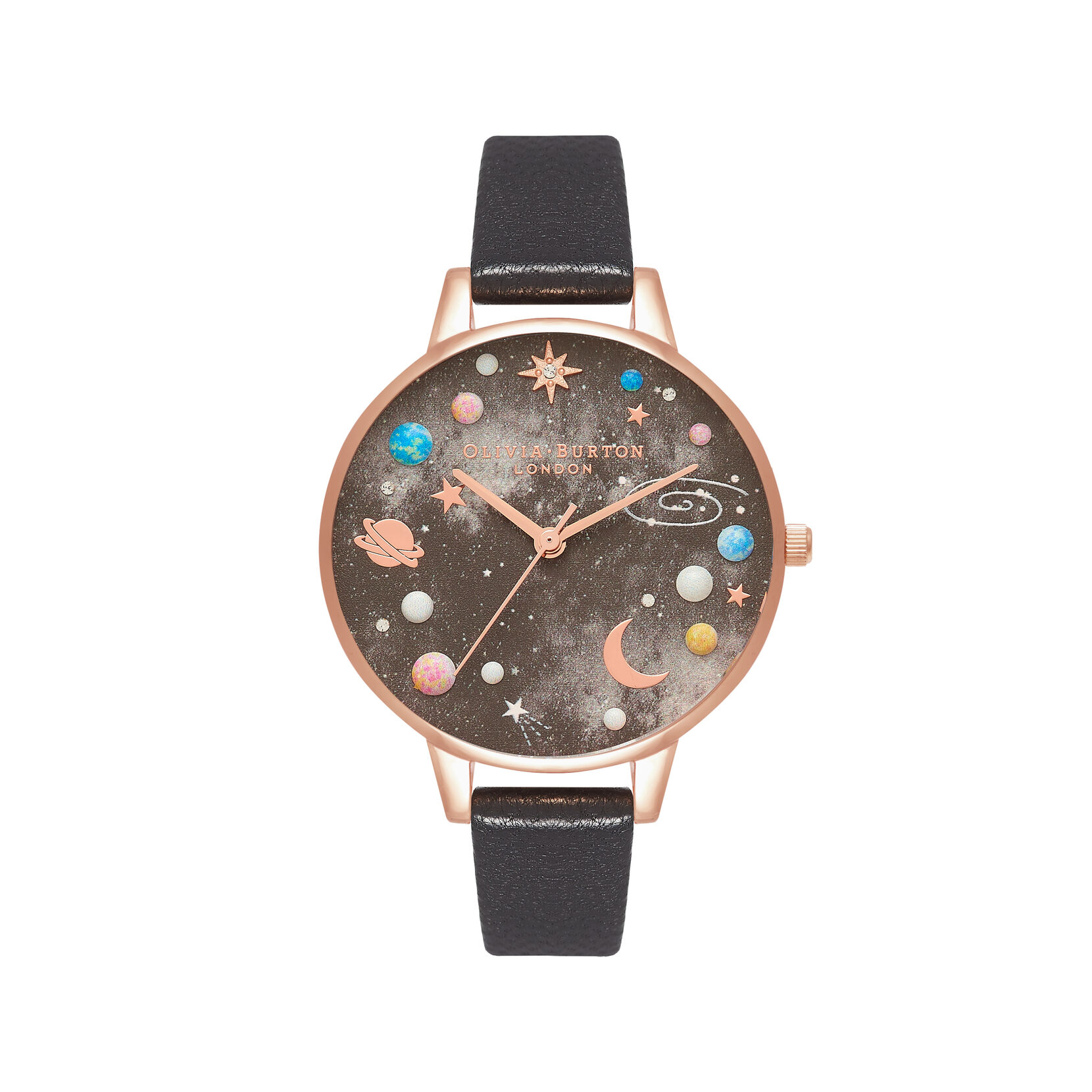Celestial  34mm Rose Gold & Black Leather Strap Watch