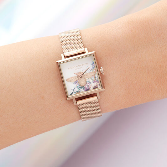 Enchanted Garden Square Dial & Pale Rose Gold Mesh