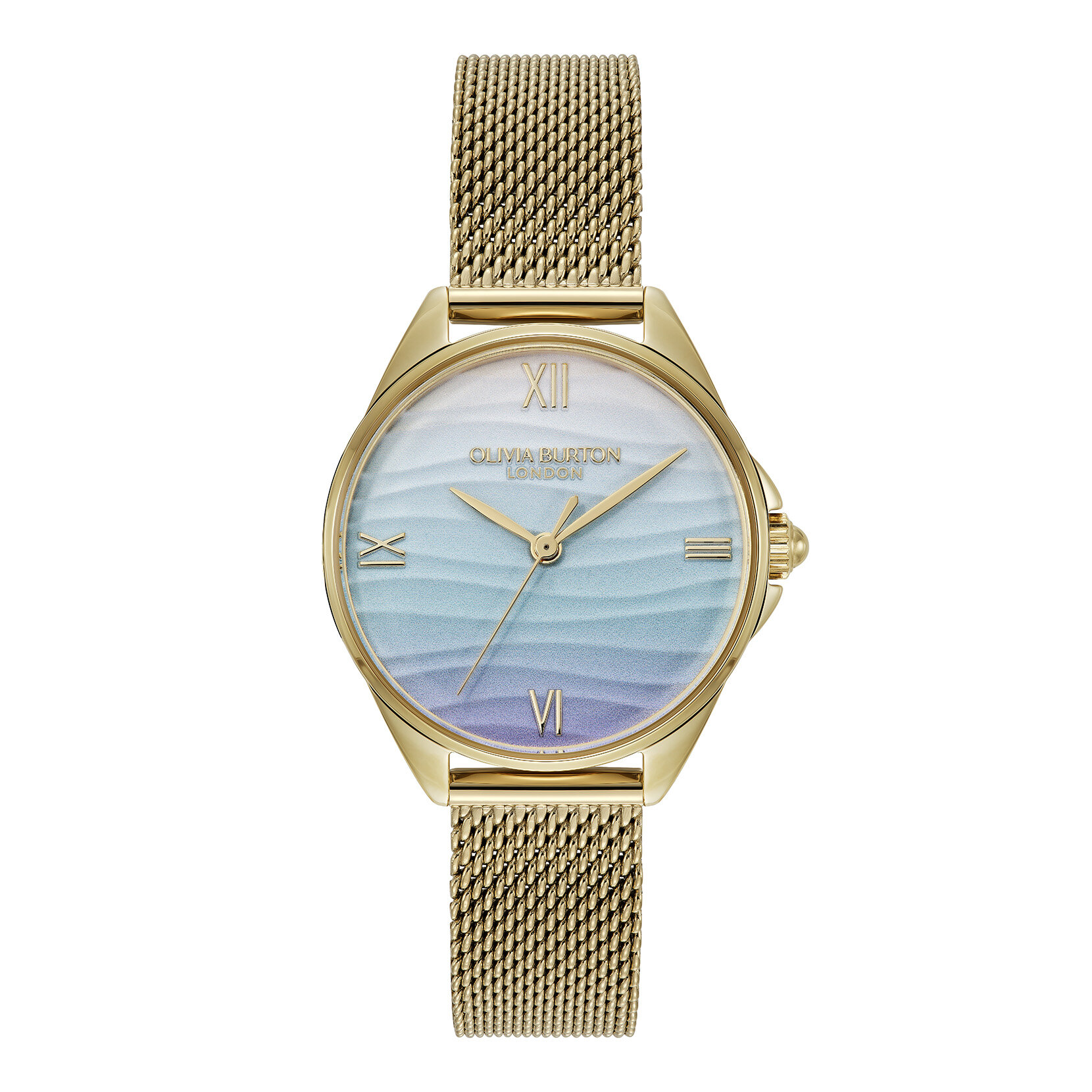 Montre &agrave; mailles dor&eacute;es et bleu azur 30 mm
