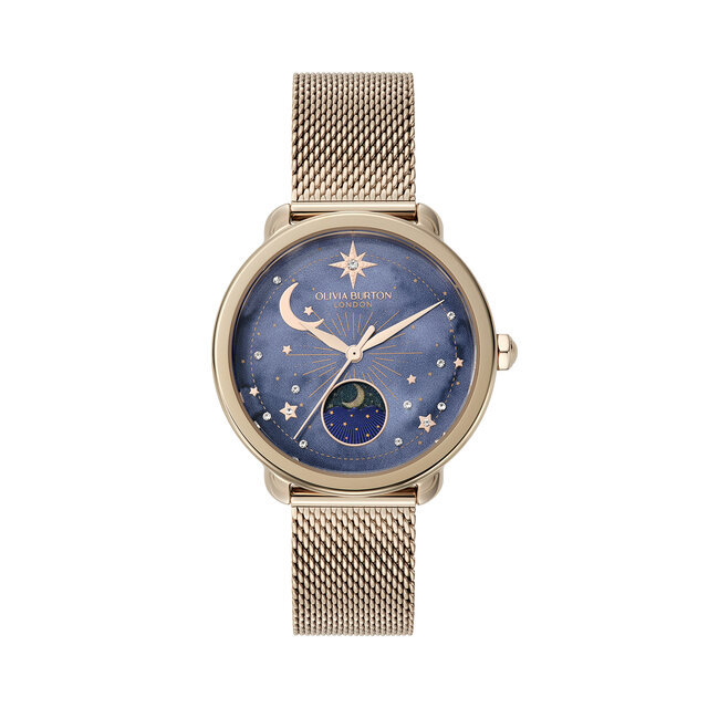 34mm Moon Phase Navy & Rose Gold Mesh Watch