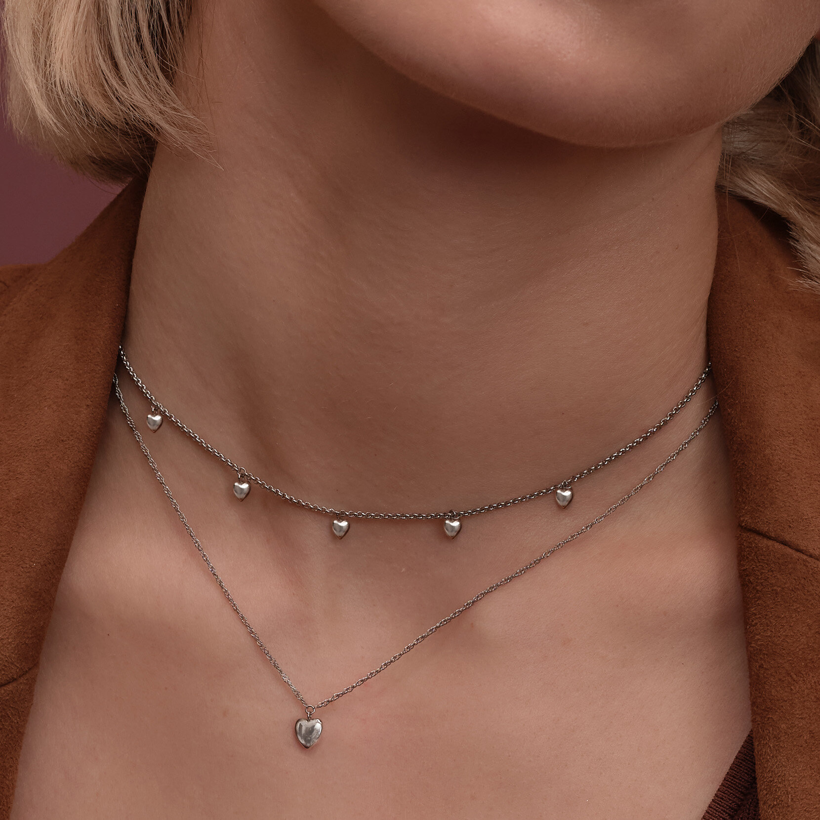 Mini Heart Silver Tone Double Chain Necklace