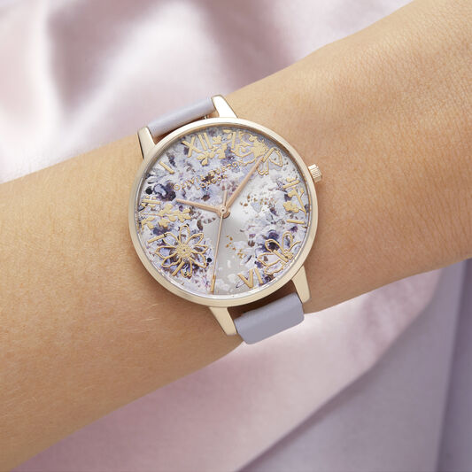 Abstract Florals 38mm Carnation Gold & Lilac Leather Strap Watch