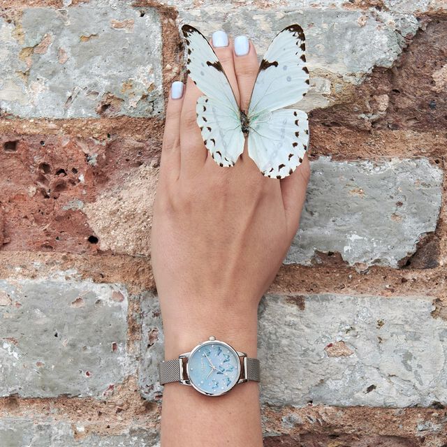 Pale Blue Mother Of Pearl Butterflies & Faux Pearl Midi Dial Silver Mesh Watch