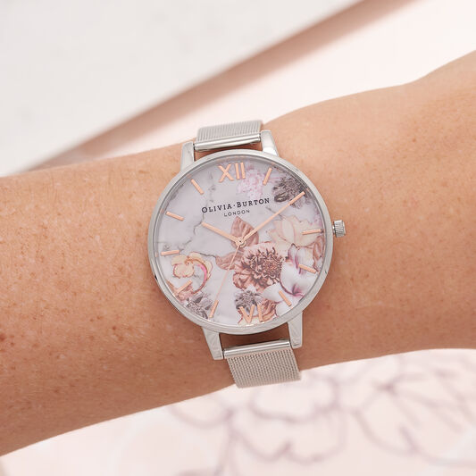 Marble Floral Silver Mesh Watch