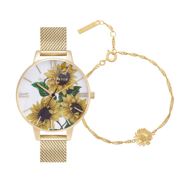 34mm White & Gold Mesh Watch & Sunflower Bracelet Gift Set