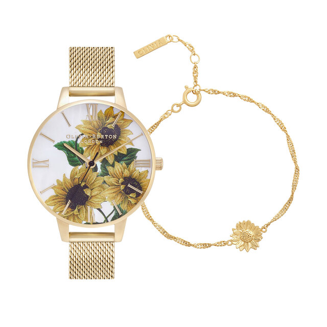 Coffret cadeau montre Sunflower à cadran Demi et bracelet or 