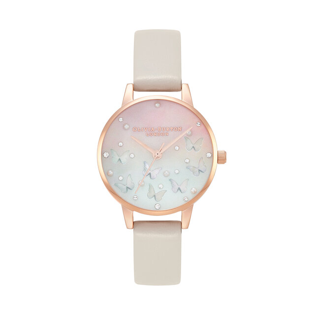 Montre Sparkle Butterfly à cadran Midi blanc poudré et nacre bleue or rose