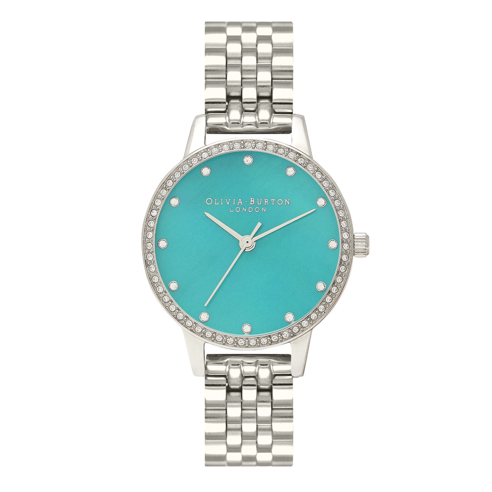 Montre à cadran Midi et lunette scintillante nacre verte et bracelet argent