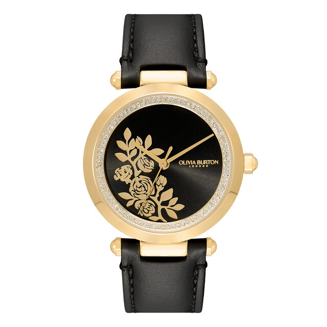 Montre florale avec fermoir en T et bracelet en cuir Or et Noir 34 mm