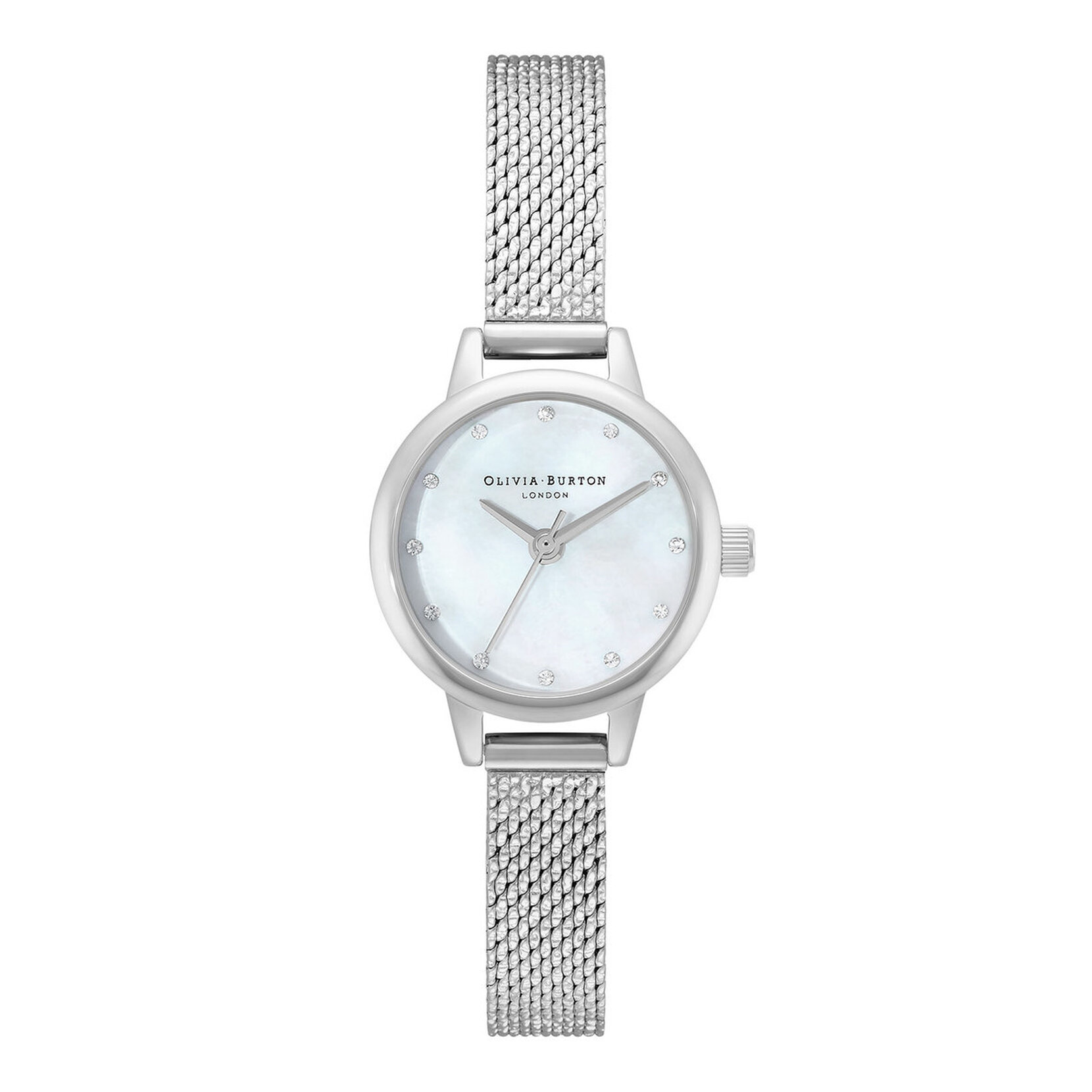 Montre à cadran Mini nacre blanche, index scintillants et maille milanaise bouclée argent
