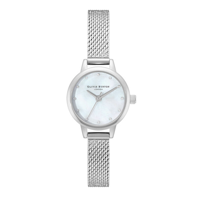Montre à cadran Mini nacre blanche, index scintillants et maille milanaise bouclée argent